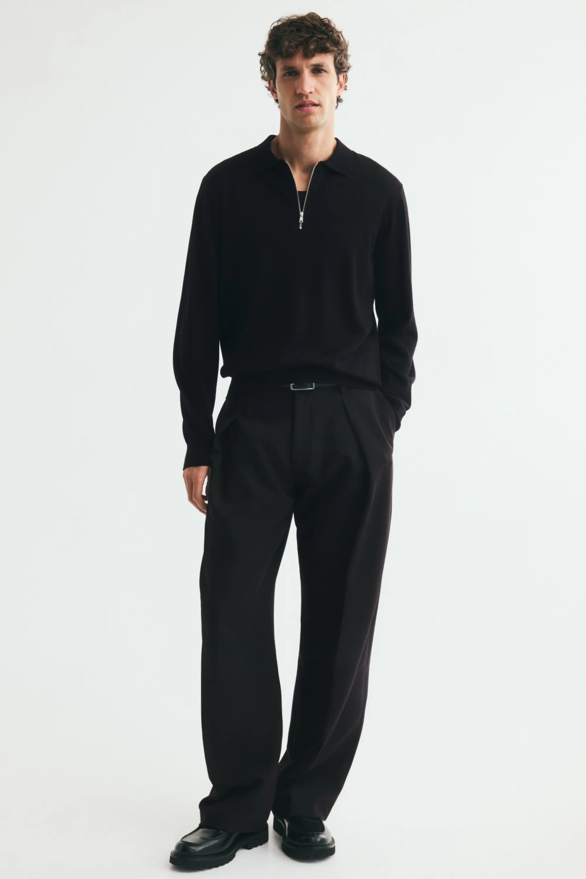 Polo Regular Fit à col zippé en laine mérinos - Noir