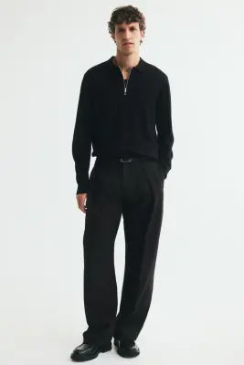 Polo Regular Fit à col zippé en laine mérinos - Noir — photo 1