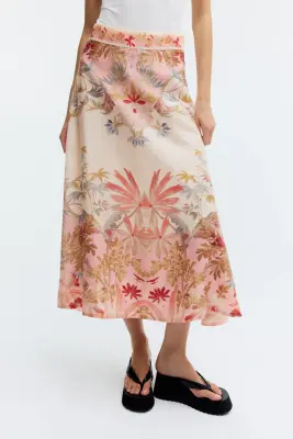 Jupe évasée en lin mélangé - Rose ancien clair/fleuri — photo 1