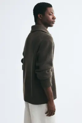 Pull Regular Fit en laine avec col zippé - Vert kaki foncé — photo 3