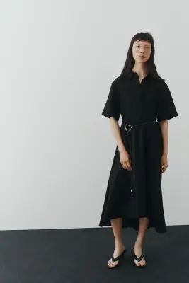 Robe chemise avec ceinture à nouer - Noir — photo 3