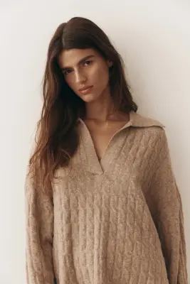 Pull façon polo en maille torsadée - Beige ancien — photo 2