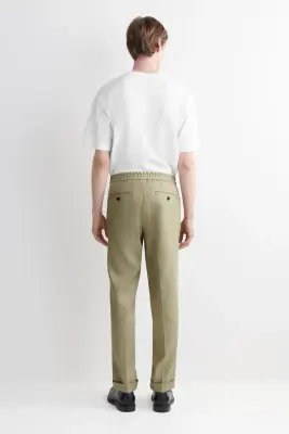 PANTALON DROIT SLIM EN LIN ET COTON - SABLE — photo 1