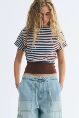 Boat-neck cotton top - Marron foncé/rayé — photo 1