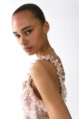 Robe ruchée en crêpe - Beige clair/motif cachemire — photo 3
