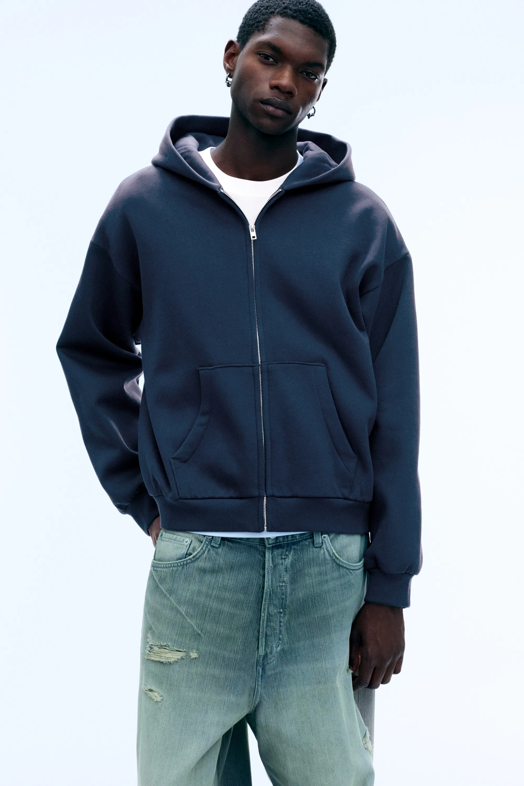 Sweat à capuche zippé ample - Bleu foncé