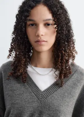Pull à col en V côtelé en laine et en coton - Gris — photo 3