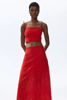 Jupe en coton avec broderie anglaise - Rouge vif — photo 1