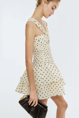 Robe ruchée avec jupe évasée - Beige clair/pois — photo 2