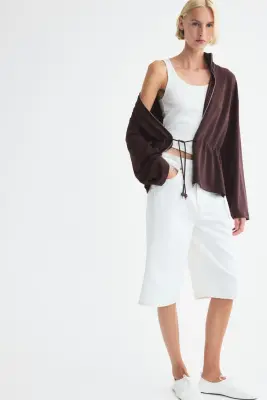 Sweat zippé avec cordon de serrage - Marron foncé — photo 2