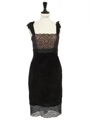 Robe en velours de soie côtelé noir, dentelle fine et bretelles satin noeud Prix boutique 6500€ Taille XS — photo 1