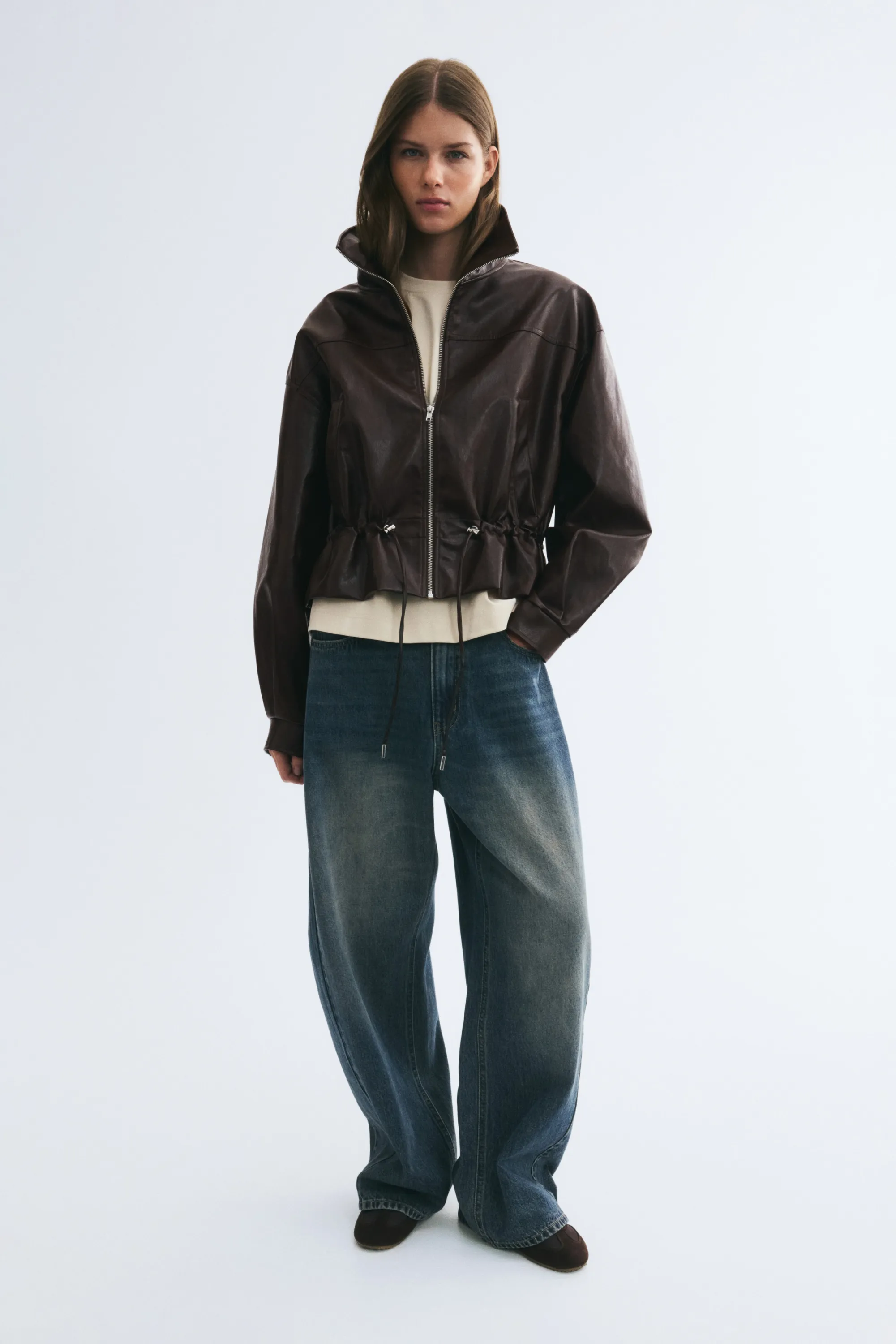 Veste à col droit en tissu enduit - Marron foncé