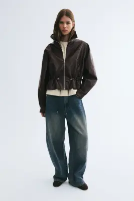 Veste à col droit en tissu enduit - Marron foncé — photo 1