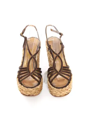 Sandales compensées en paille tressée cuir marron et métallisé doré Prix boutique 800€ Taille 38 — photo 3