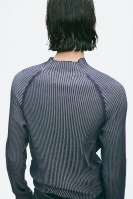 Pull Slim Fit en maille côtelée avec col cheminée - Bleu marine/rayé — photo 3