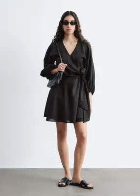 Robe courte portefeuille en lin - Noir — photo 4