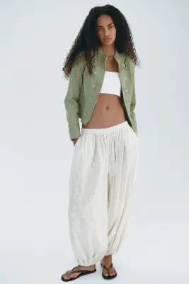 Pantalon brodé à jambes ballon - Crème — photo 1