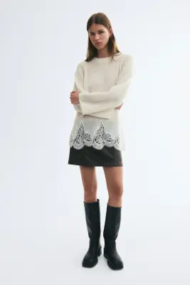 Lace-trimmed jumper - Crème — photo 1
