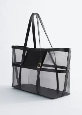 Sac cabas en mesh à détails en cuir - Noir — photo 5