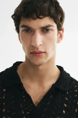 Relaxed Fit Crochet-look polo shirt - Noir — photo 2