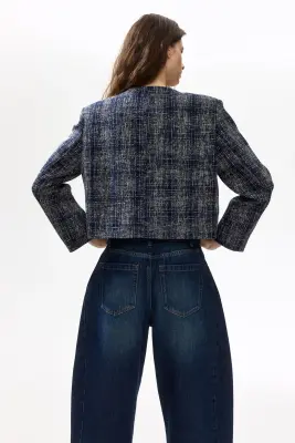 Blazer sans col - Bleu foncé/carreaux — photo 1