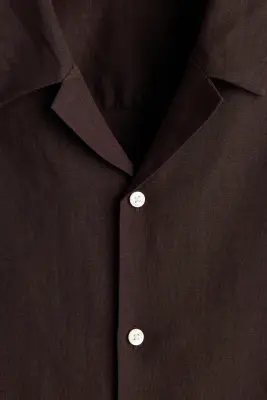 Chemise Relaxed Fit en lin mélangé avec col cubain - Marron foncé — photo 4