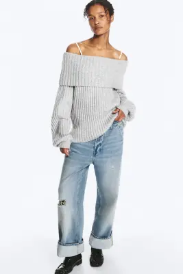 Pull côtelé à épaules dénudées - Gris chiné — photo 2