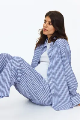 MAMA Pantalon à cordon en coton - Bleu clair/rayé — photo 2