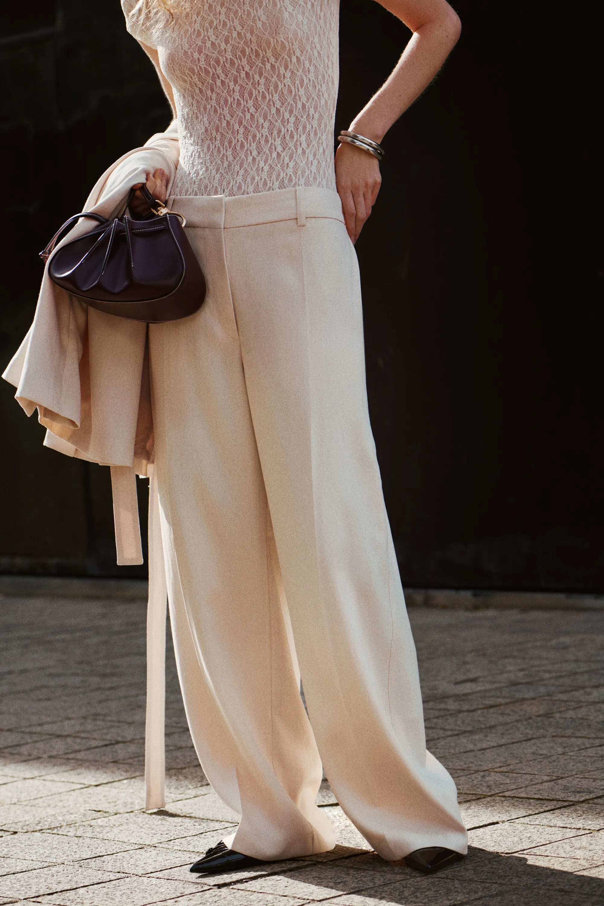 Pantalon large en lin mélangé - Beige clair