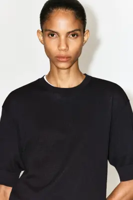 T-SHIRT EN MAILLE DE COTON - BLEU MARINE — photo 3
