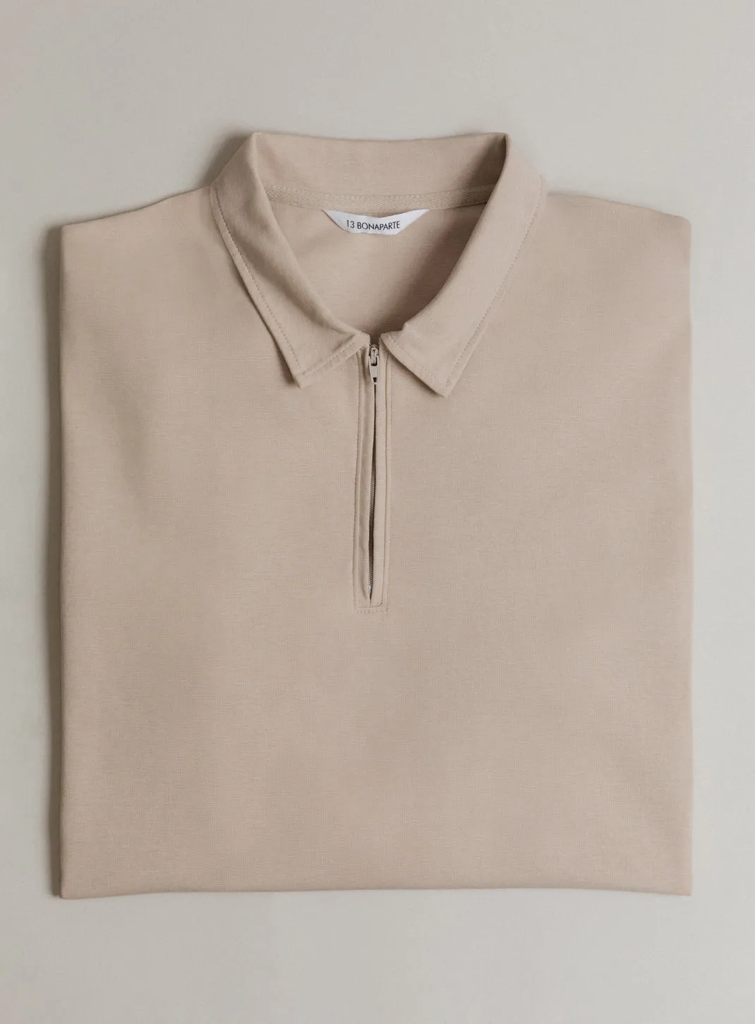 Long Sleeve Zipped Poloshirt in Beige Technical Knit