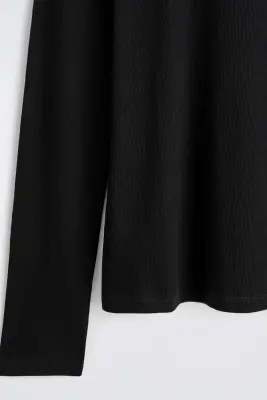 T-SHIRT SLIM À MANCHES LONGUES EN COTON CÔTELÉ - NOIR — photo 2