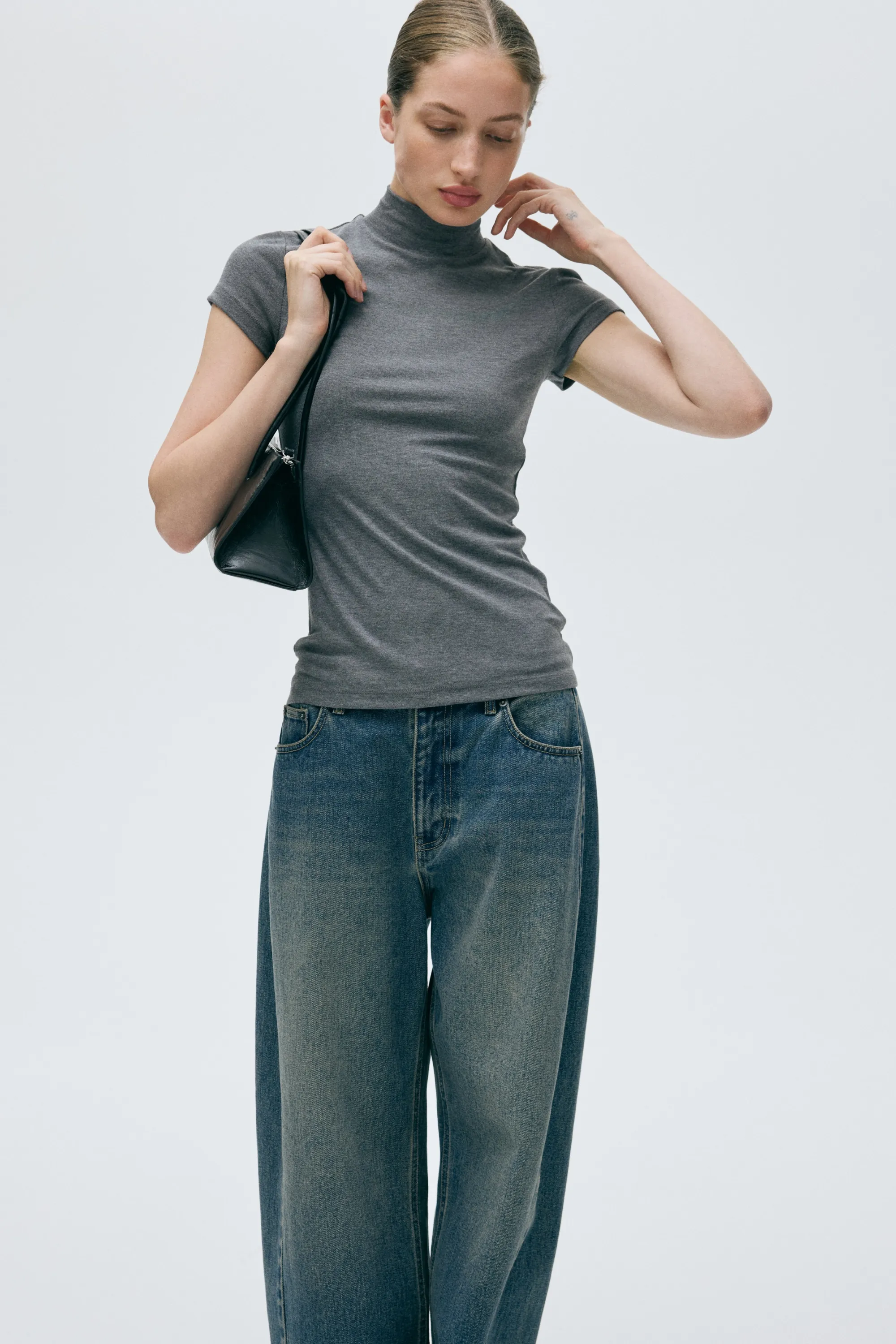 Top à col cheminée en viscose - Gris chiné