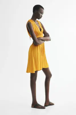 Robe drapée avec détail à nouer - Jaune moutarde — photo 2