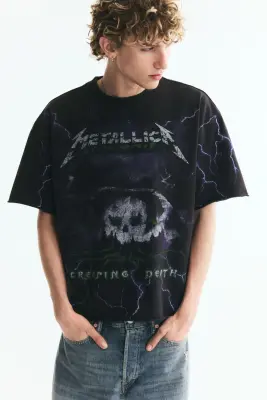 T-shirt imprimé Oversized Fit en coton - Noir/Metallica — photo 2