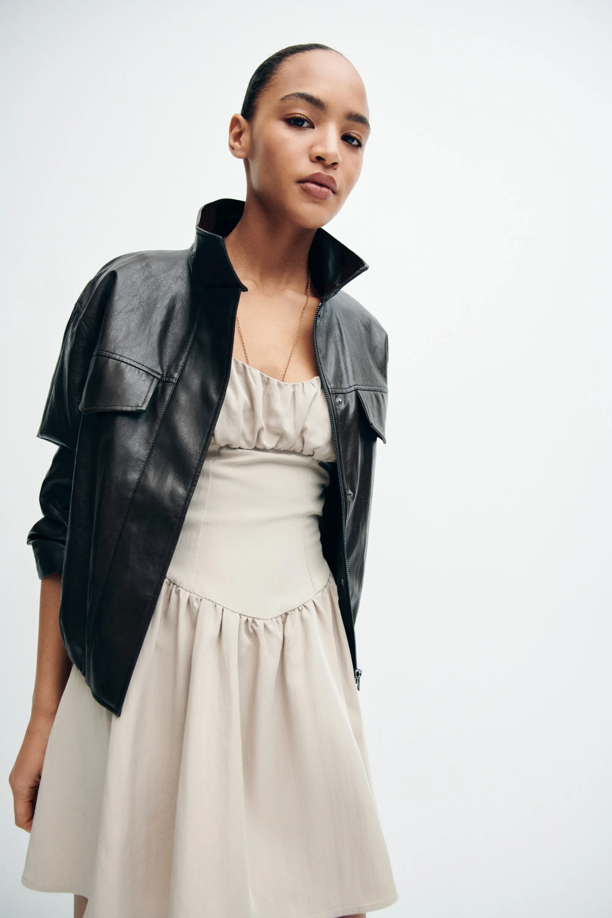 Robe en twill froncée - Taupe ancien