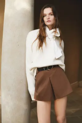Jupe-short en twill avec ceinture - Marron — photo 2