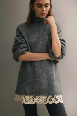 Pull en mohair mélangé avec dentelle - Gris chiné — photo 2