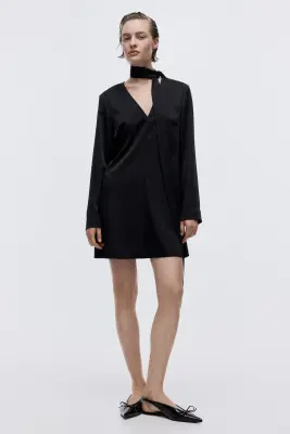 Robe à écharpe en satin - Noir — photo 1