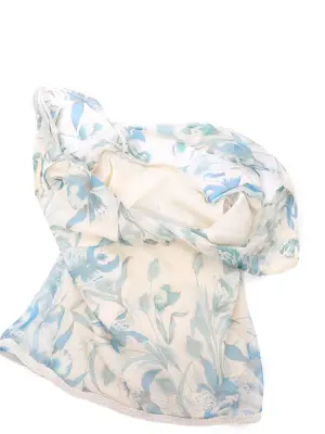 Top à bretelles large décolleté V en mousseline de soie fleurie beige et turquoise Taille 38 — photo 5
