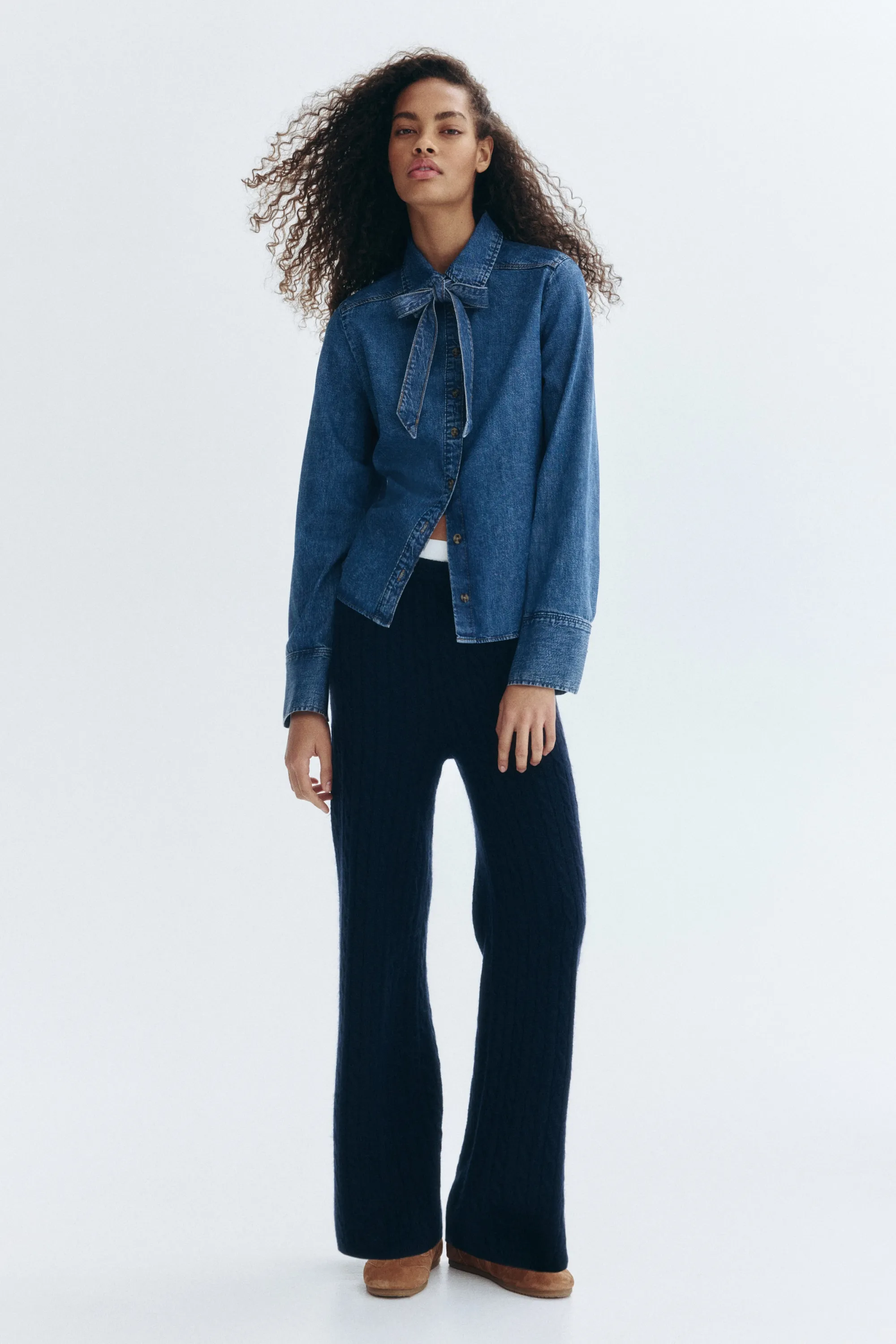 Blouse en denim avec nœud - Bleu denim