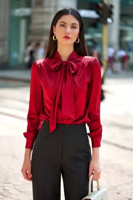 Lena Silk Bow Blouse - Red — photo 1