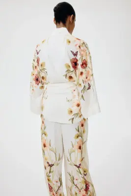 Veste oversize avec ceinture à nouer - Crème/fleuri — photo 3