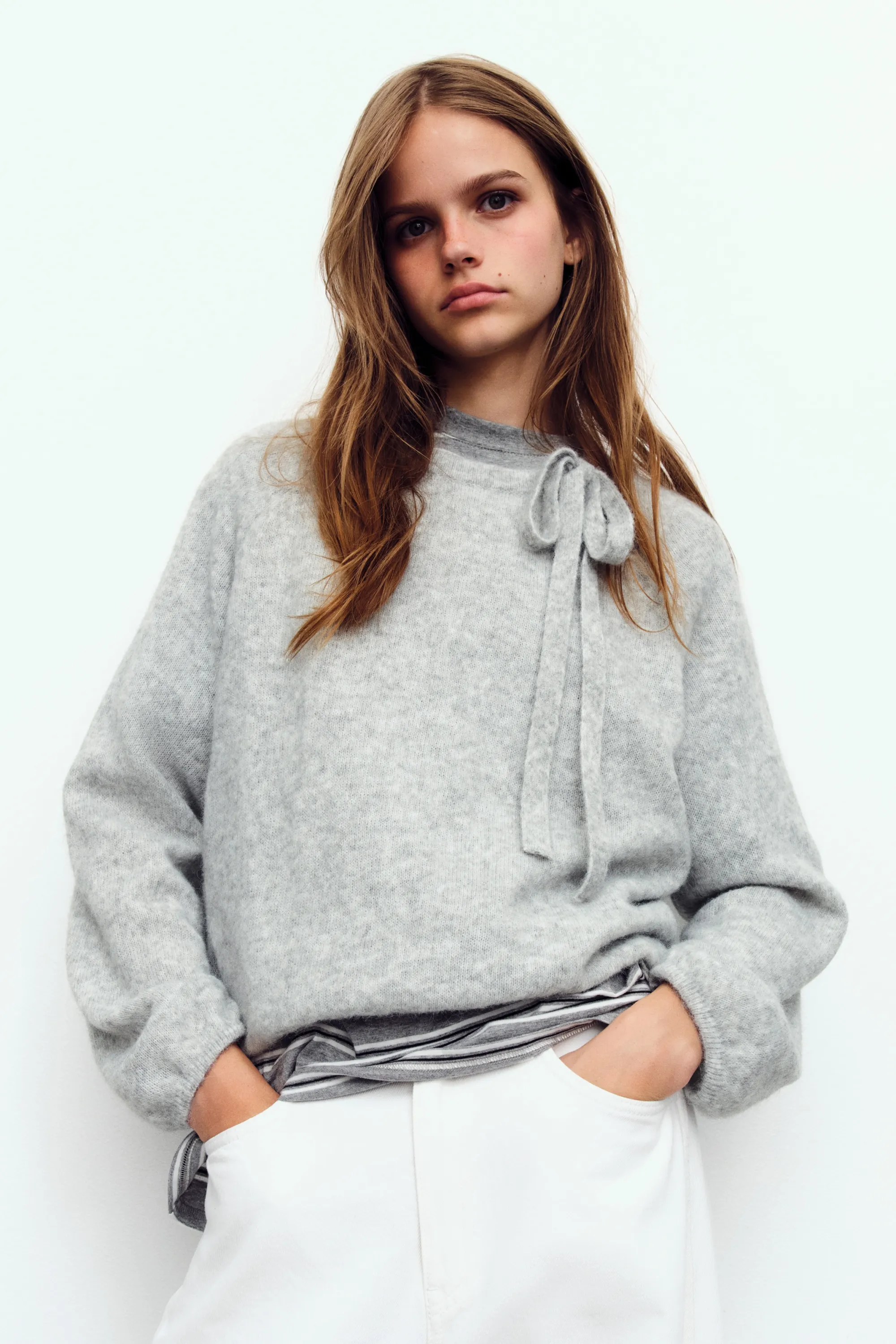 Pull avec col à nouer - Gris clair chiné