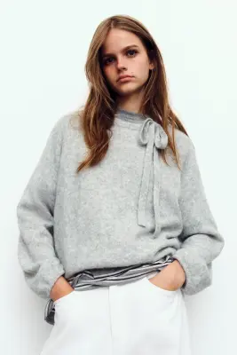 Pull avec col à nouer - Gris clair chiné — photo 1