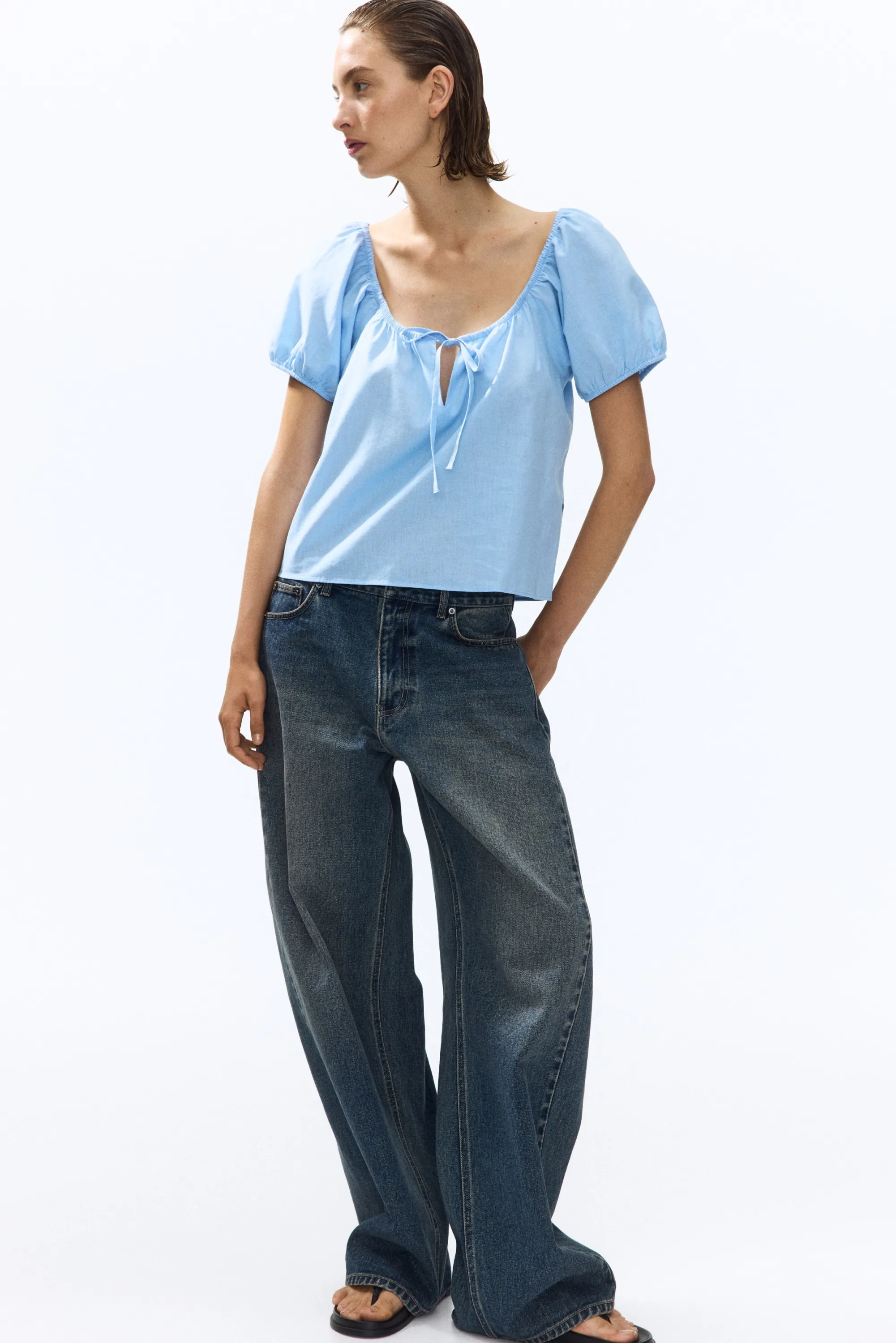 Blouse en lin mélangé avec manches bouffantes - Bleu clair