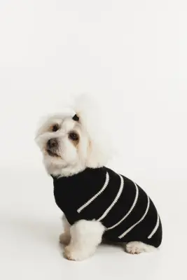 Pull pour chien en maille côtelée - Noir/rayures blanches — photo 3
