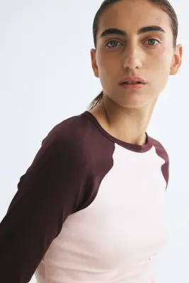 Raglan-sleeved cotton top - Rose pâle/color block — photo 2