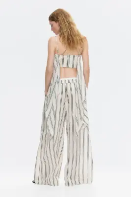 Pantalon à taille élastique avec double ceinture - Beige clair/rayé — photo 2
