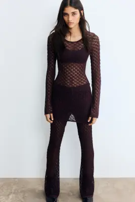 Top en maille pointelle scintillante - Rouge prune — photo 1